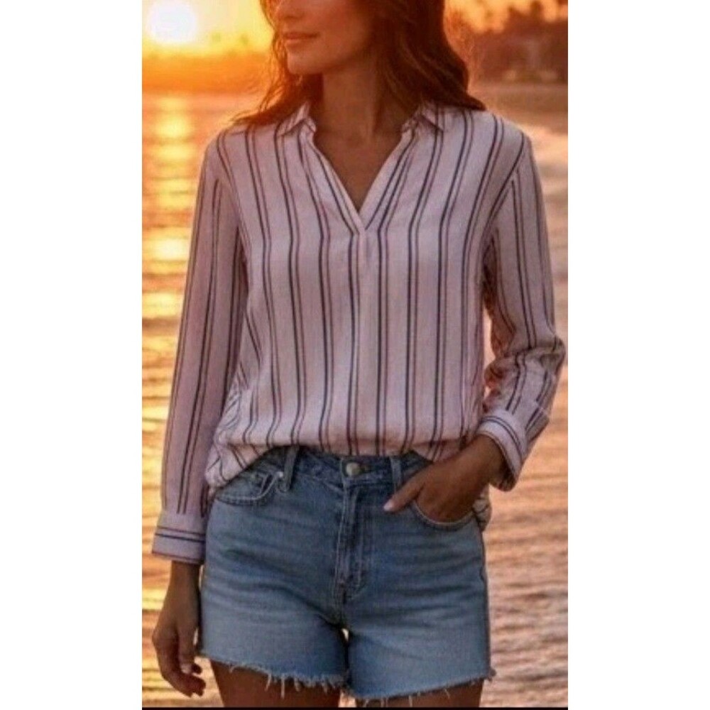 J. Jill Coastal Stripe Blouse Soft Pink Blue Relaxed Button Top Sz Large